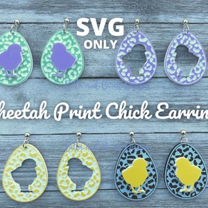 May include: SVG cut files for cheetah print chick earrings. The earrings are available in four color combinations: green and purple, purple and white, yellow and white, and blue and yellow.