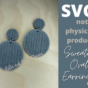 May include: A pair of gray oval earrings with a knitted pattern. The earrings are made of polymer clay and have a matte finish. SVG not a physical product. Sweater Oval Earrings.