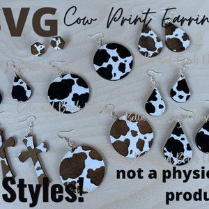 May include: Six styles of cow print earrings, including teardrop, circle, and cross shapes. The earrings are made of wood and have a white and black cow print design. SVG Cow Print Earrings. Not a physical product.