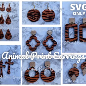 May include: A set of 10 SVG cut files for animal print earrings. The designs include a variety of shapes, such as circles, squares, and teardrops, all with a tiger stripe pattern. The text "SVG ONLY" is visible in the top right corner of the image.
