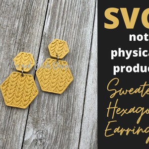 May include: SVG cut file for a pair of yellow hexagon earrings with a knitted texture. The earrings are not a physical product.