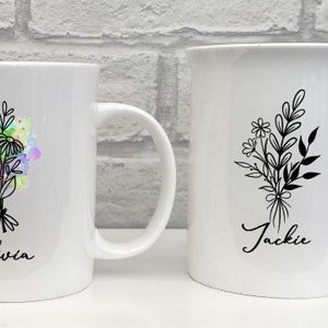 Personalised Bone China flower Name Mug Double sided 10oz or 15oz mug,flower mug gift for her birthday or anniversary gift for mum