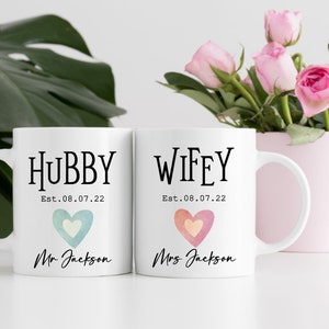 Personalised Bone China HUBBY/WIFEY Mug Double sided 15oz mug, Anniversary Mug, Wedding Mug, newlyweds Mug