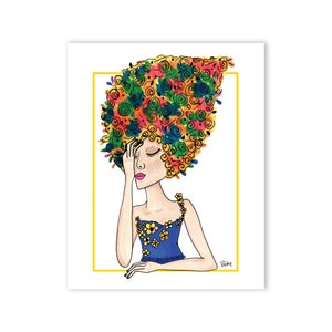 Könnte beinhalten: Eine farbenfrohe Illustration einer Person mit einem großen, wirbelnden, blumenförmigen Haarschopf. Die Person trägt ein blaues Kleid mit gelbem Blumenmuster und eine goldene Halskette.