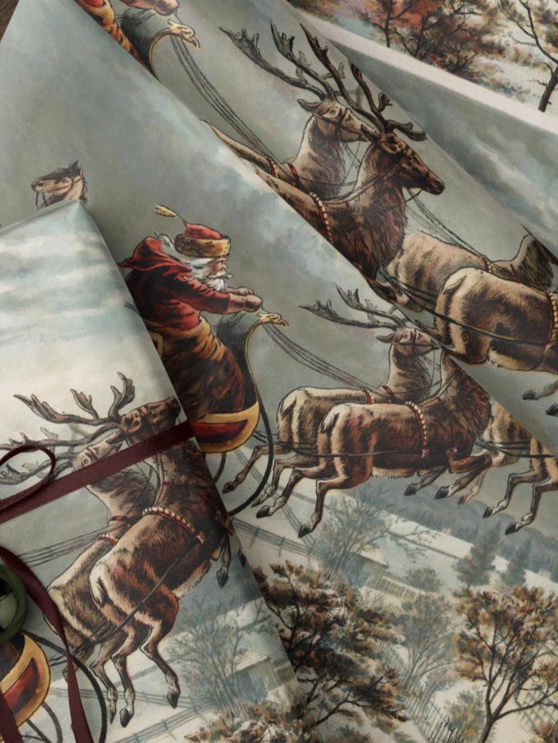 Vintage Santa Scene Christmas Wrapping Paper. Santa Sleigh and Reindeer Gift Wrap. Traditional Christmas Gift Wrap. Retro Wrapping Paper