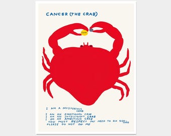 David Shrigley Print. Cancer The Crab Zodiac. Signs of the Zodiac.  Contemporary Wall Art. Zodiac Wall Decor. Shrigley Crab. Living Room Art