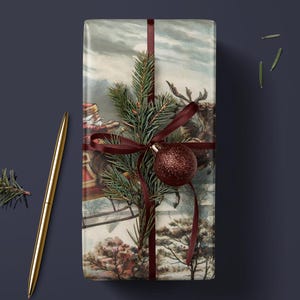 Vintage Santa Scene Christmas Wrapping Paper. Santa Sleigh and Reindeer Gift Wrap. Traditional Christmas Gift Wrap. Retro Wrapping Paper