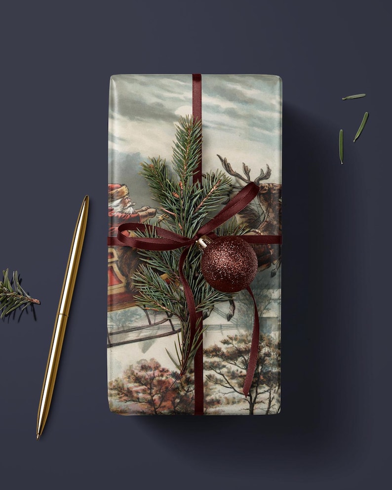 Vintage Santa Scene Christmas Wrapping Paper. Santa Sleigh and Reindeer Gift Wrap. Traditional Christmas Gift Wrap. Retro Wrapping Paper