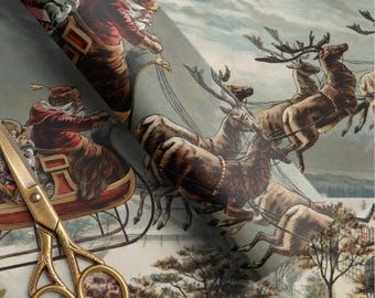 Vintage Santa Scene Christmas Wrapping Paper. Santa Sleigh and Reindeer Gift Wrap. Traditional Christmas Gift Wrap. Retro Wrapping Paper