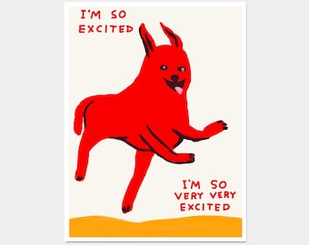 David Shrigley. I'm So Excited. Happy Dog Poster. Contemporary Art. Kitchen Wall Art. Modern Living Room Poster Print. Funky Quote Wall Art