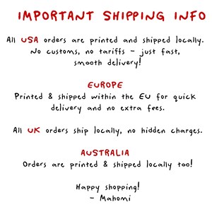 May include: White background with handwritten text in red and black. The text reads "IMPORTANT SHIPPING INFO" and details shipping information for USA, Europe, UK, and Australia orders. The text also includes "Happy shopping! - Mahomi."