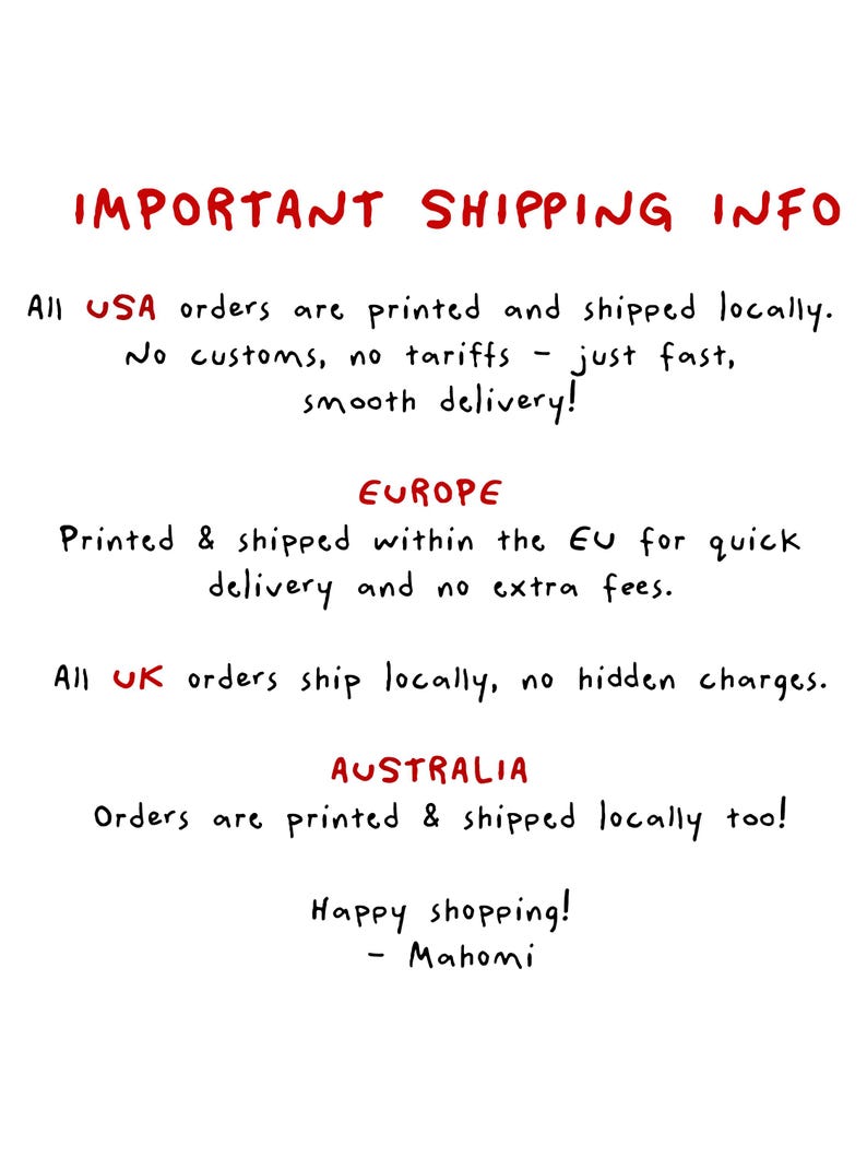 May include: White background with handwritten text in red and black. The text reads "IMPORTANT SHIPPING INFO" and details shipping information for USA, Europe, UK, and Australia orders. The text also includes "Happy shopping! - Mahomi."