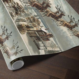 Vintage Santa Scene Christmas Wrapping Paper. Santa Sleigh and Reindeer Gift Wrap. Traditional Christmas Gift Wrap. Retro Wrapping Paper