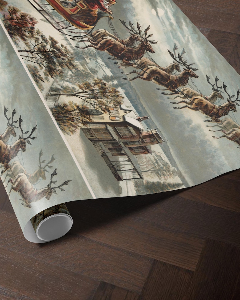 Vintage Santa Scene Christmas Wrapping Paper. Santa Sleigh and Reindeer Gift Wrap. Traditional Christmas Gift Wrap. Retro Wrapping Paper