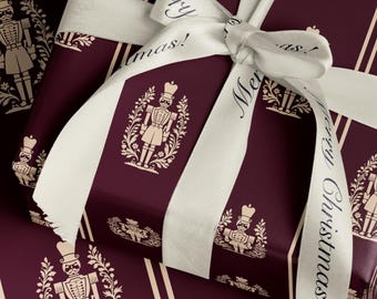 Nutcracker Christmas Wrapping Paper. Burgundy Christmas Gift Wrap. Vintage Elegant Holiday Gift Wrap. Seasonal Nutcracker Maroon Gift Wrap