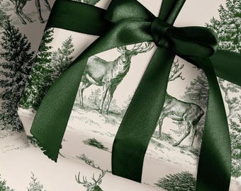 Toile Christmas Wrapping Paper. Vintage Woodland Christmas Gift Wrap. Holiday Gift Wrap Roll. Classic Reindeer Christmas Gift Wrapping Paper