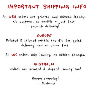 May include: White background with handwritten text in red and black. The text reads "IMPORTANT SHIPPING INFO" and details shipping information for USA, Europe, UK, and Australia orders. The text also includes "Happy shopping! - Mahomi."