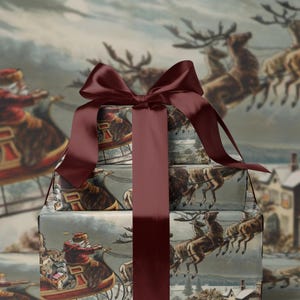 Vintage Santa Scene Christmas Wrapping Paper. Santa Sleigh and Reindeer Gift Wrap. Traditional Christmas Gift Wrap. Retro Wrapping Paper