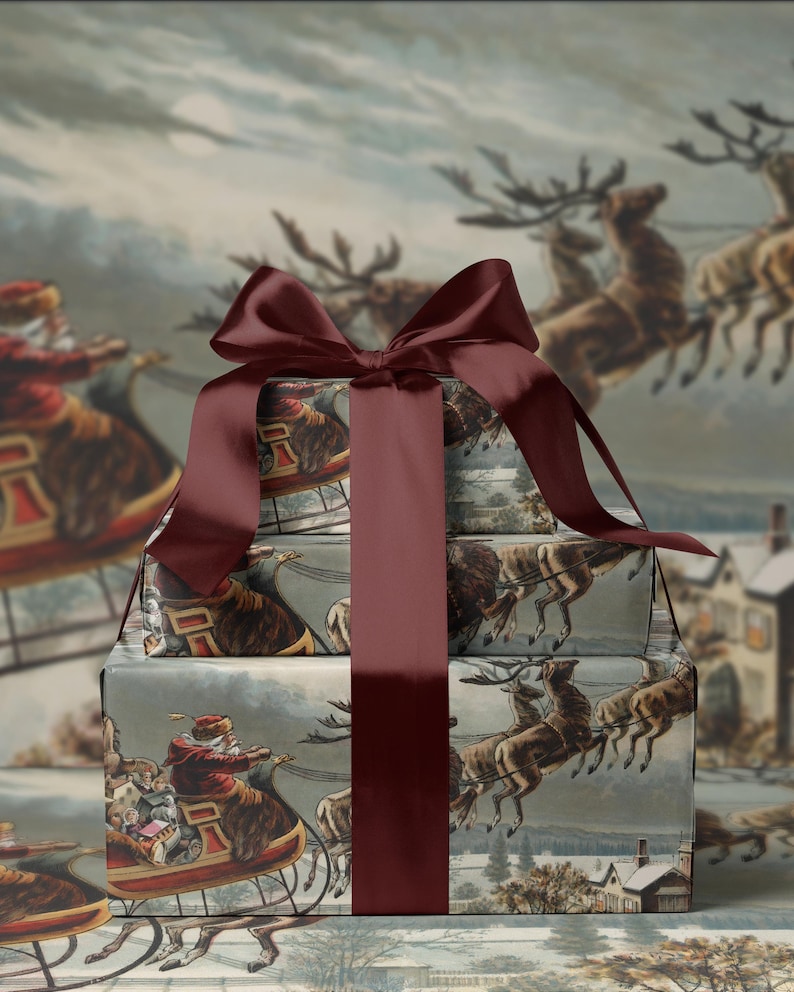 Vintage Santa Scene Christmas Wrapping Paper. Santa Sleigh and Reindeer Gift Wrap. Traditional Christmas Gift Wrap. Retro Wrapping Paper