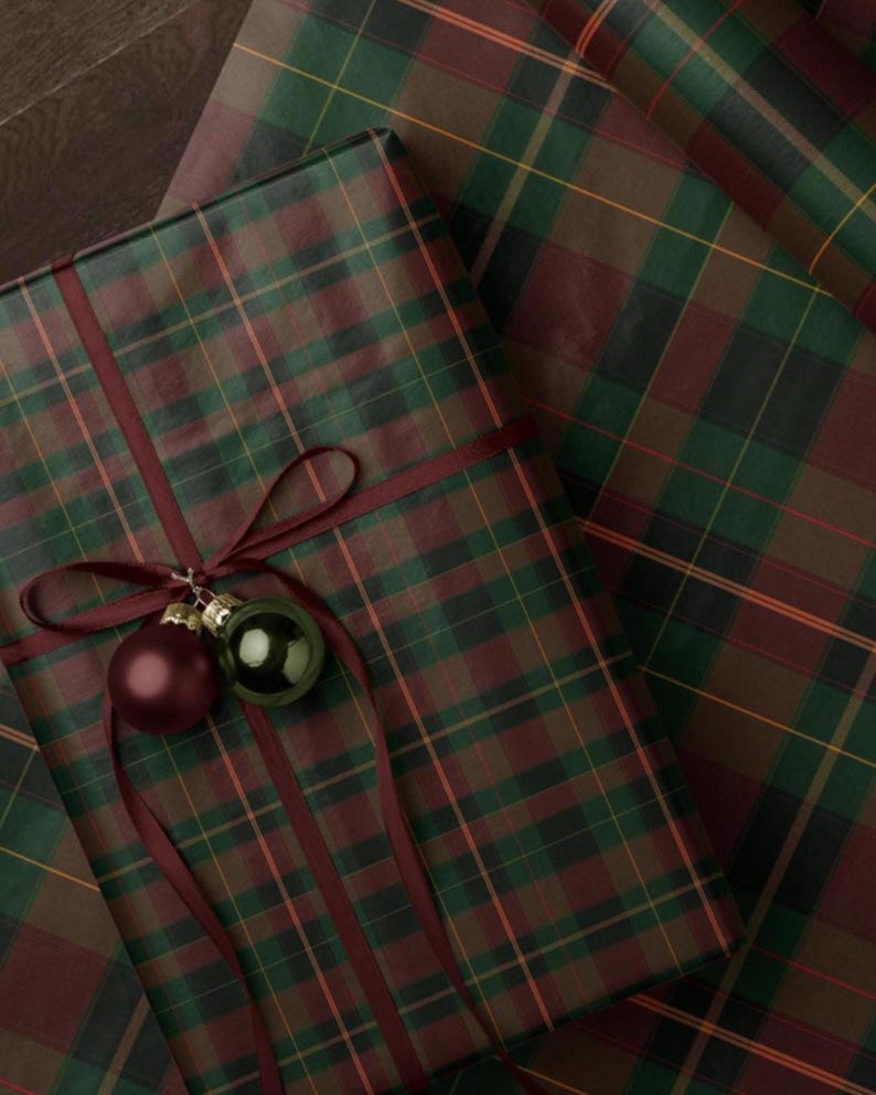 Classic Christmas Plaid Wrapping Paper. Burgundy Red Tartan Gift Wrap. Vintage Red Christmas Gift Wrap. Traditonal Christmas Wrapping Paper