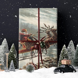 Vintage Santa Scene Christmas Wrapping Paper. Santa Sleigh and Reindeer Gift Wrap. Traditional Christmas Gift Wrap. Retro Wrapping Paper