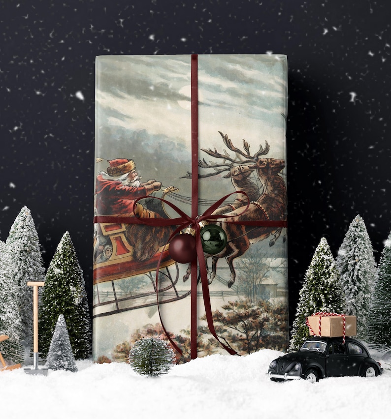 Vintage Santa Scene Christmas Wrapping Paper. Santa Sleigh and Reindeer Gift Wrap. Traditional Christmas Gift Wrap. Retro Wrapping Paper