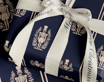 Nutcracker Wrapping Paper. Navy Blue Christmas Gift Wrap. Vintage Elegant Holiday Gift Wrap. Seasonal Nutcracker Christmas Gift Wrap Paper