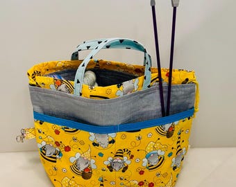 Knitting Project Bag with Handles, Drawstring Yarn Bag Organizer, Crochet Storage Tote, Gift for Knitter, Handmade WIP Bag - Large