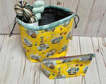 Bee Gnome Project Bag Set: Drawstring Bag & Zippered Pouch