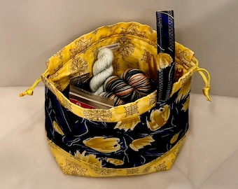 Knitting Project Bag with Handle, Drawstring Yarn Bag Organizer, Crochet Storage Tote, Gift for Knitter, Large Bag with 5 pockets