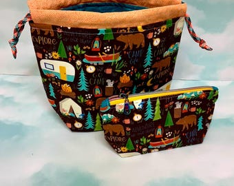 Knitting Project Bag Set, Drawstring Yarn Bag with Zipper Pouch, Crochet storage, Gift for Knitter, Handmade Bag, Set of 2