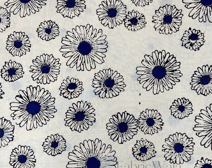 Block Print 100% cotton kalamkari Fabric FAB162 Chamomile white blue Mustard at Fabricwala