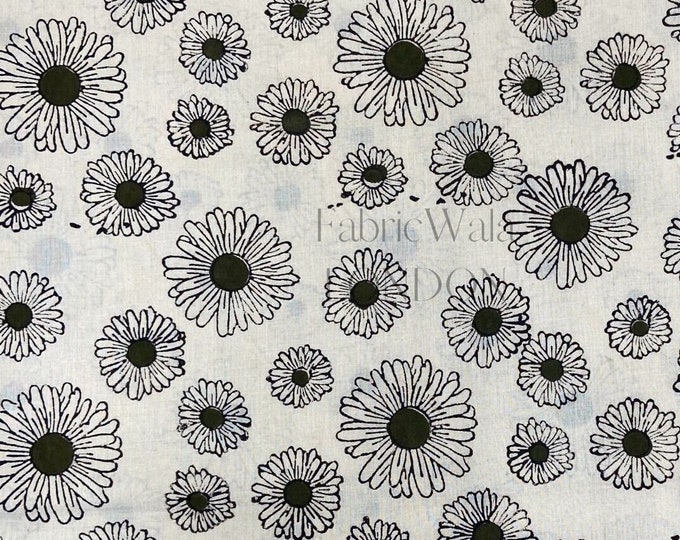 Block Print 100% cotton kalamkari Fabric FAB162 Chamomile white green black at Fabricwala
