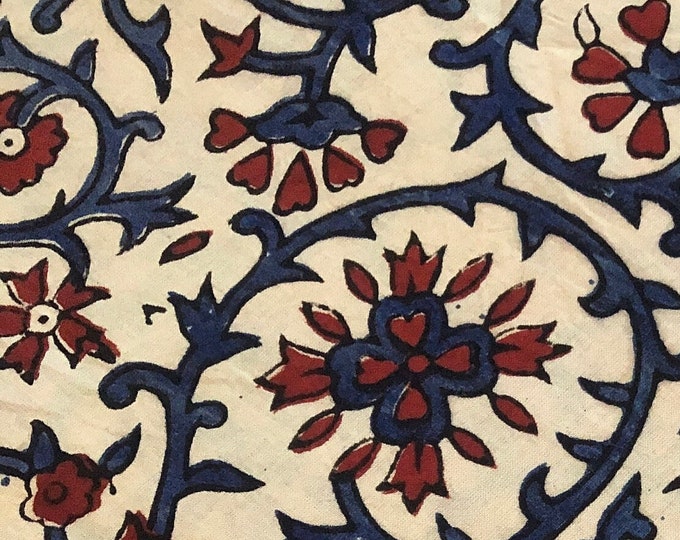 The Block Print 100% cotton kalamkari Fabric Red/Cobalt Blue print floral fabric; FAB113 Fabricwala