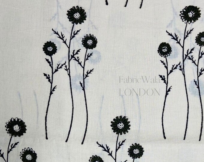 Block Print 100% cotton kalamkari Fabric FAB153 Daisy Green flower at Fabricwala
