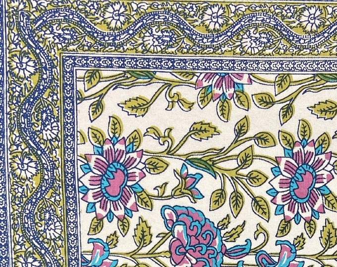Rectangular Pink Blue Floral set Cotton Canvas Fabric Bordered- 1 Table Runner 6 Placemats 6 Napkins/Serviette at Fabricwala