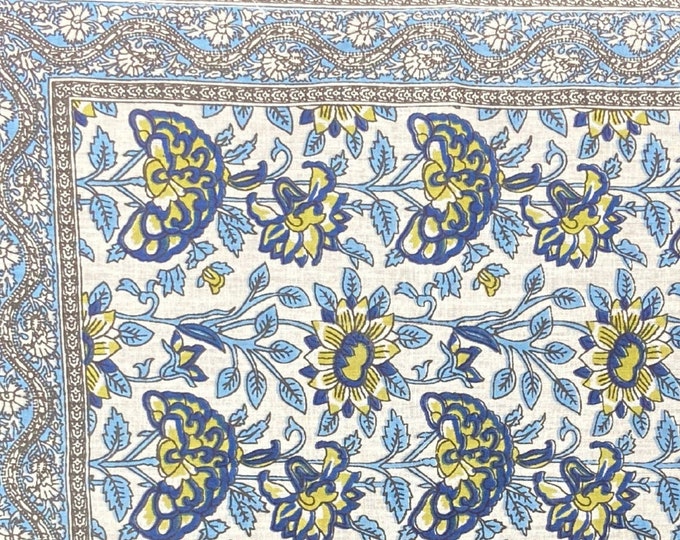 Rectangular Blue Floral set Cotton Canvas Fabric Bordered- 1 Table Runner 6 Placemats 6 Napkins/Serviette at Fabricwala