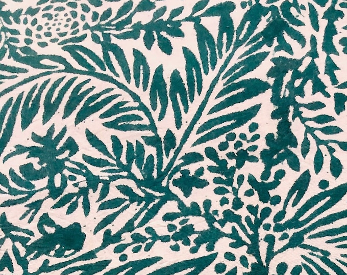 The Block Print cotton Fabric William Morris Larkspur in Green Print floral design fabric for dressmaking, curtains, blinds, seat cover