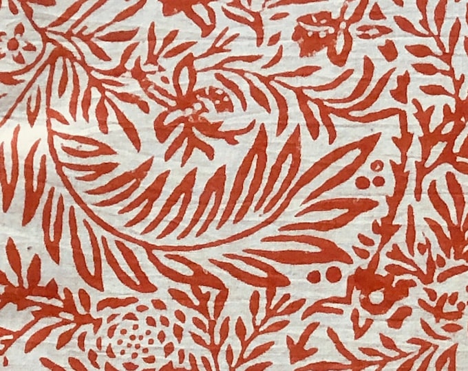 The Block Print cotton Fabric William Morris Larkspur in Orange Print floral design fabric for dressmaking, curtains, blinds, seat cover