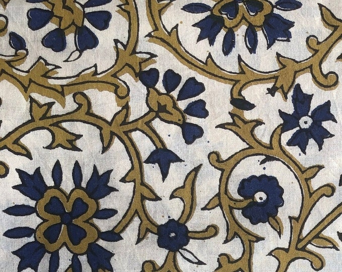 The Block Print 100% cotton kalamkari Fabric mustard indigo/Blue print fabric; FAB113 Fabricwala