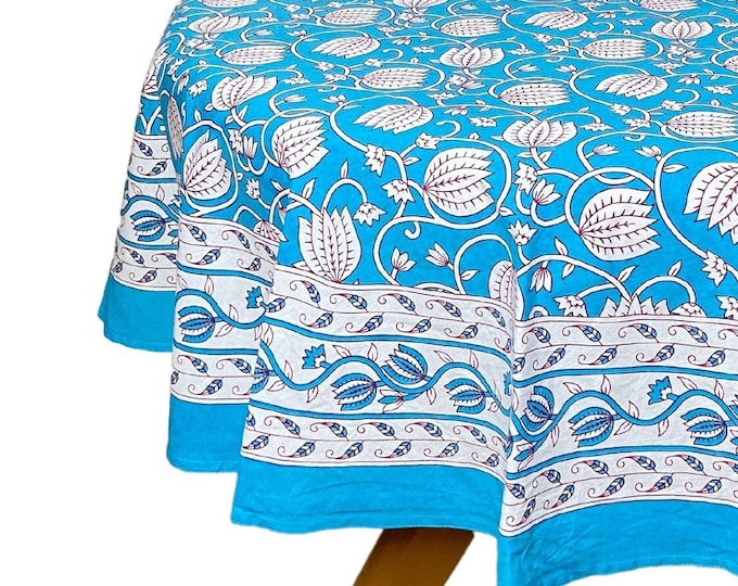 Round Nature inspired Sky Blue Lotus Bordered Table topper, Indian Block Print Cotton Botanical table Cover, Housewarming Gift at Fabricwala