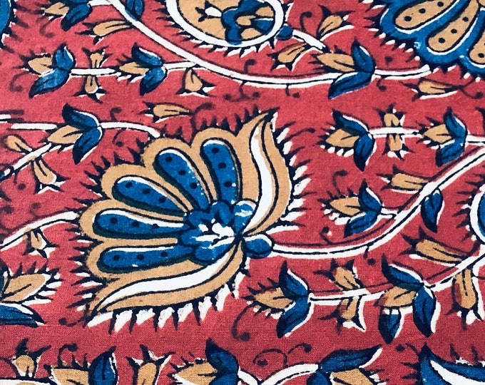 Block Print 100% cotton kalamkari Fabric; Red Wine/Cobalt Blue Lotus FAB107