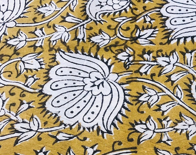Block Print 100% cotton kalamkari Fabric; Mustard Lotus FAB107