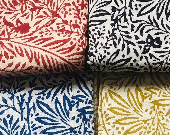 The Block PrintS cotton Fabric William Morris Foliage Leaf in indigo/Blue/Mustard/Red/Black Print floral design fabric