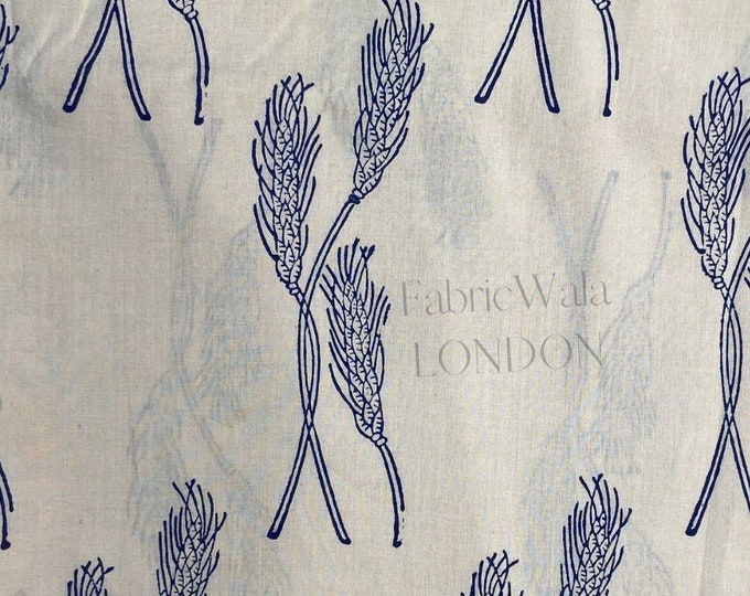 Block Print 100% Cotton Fabric Printed With Resist & Dyed In Indigo Barley wheat hops beer garden lover farmers gift shirts curtain FAB154