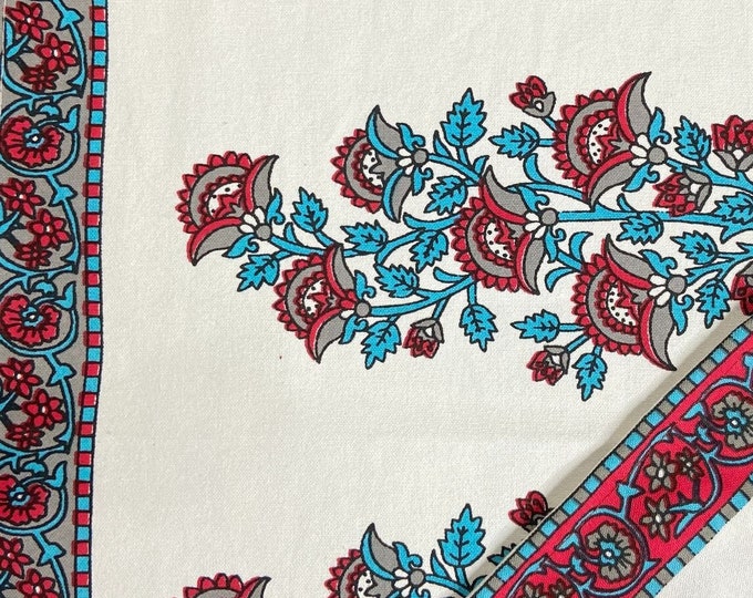 Rectangular Red-Blue Floral set Cotton Canvas Fabric Bordered- 1 Table Runner 6 Placemats 6 Napkins/Serviette at Fabricwala