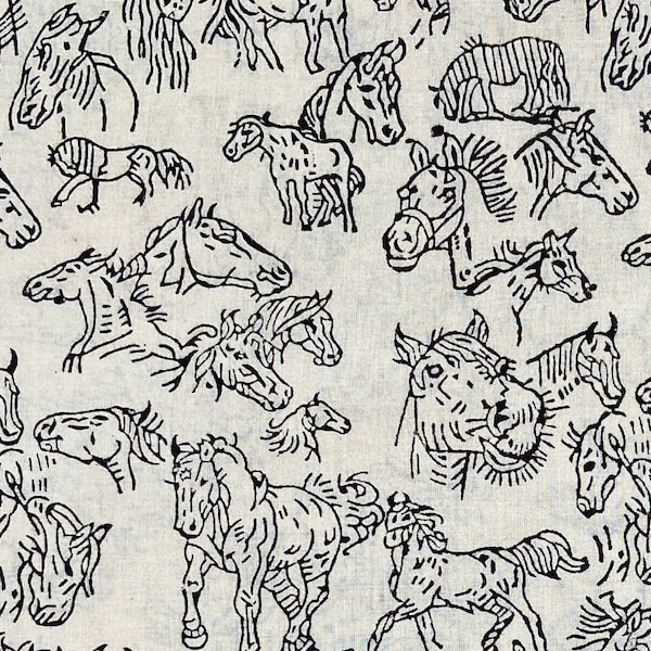 Black Hand Block Print 100% Cotton Fabric UK Horse Racing Pony Lover Stable FAB292 Equestrian Sport Greyhound Polo Game Lover