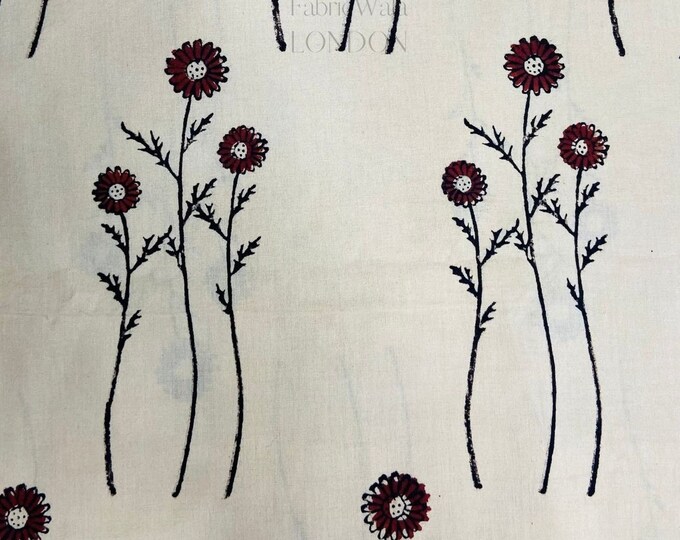 Block Print 100% cotton kalamkari Fabric FAB153 Daisy Red flower at Fabricwala