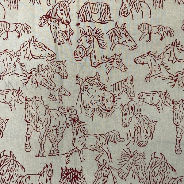 Red Burgundy Block Print 100% Cotton Fabric UK Horse Racing Pony Lover Stable Equestrian sport Greyhound Polo Game Lover FAB292