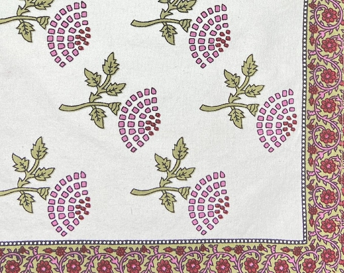 Rectangular Pink-Green Floral set Cotton Canvas Fabric Bordered- 1 Table Runner 6 Placemats 6 Napkins/Serviette at Fabricwala